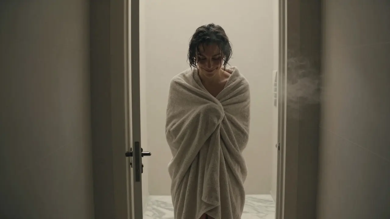 Someone stepping out of a steam room, towel-wrapped and relaxed, steam fading around them.