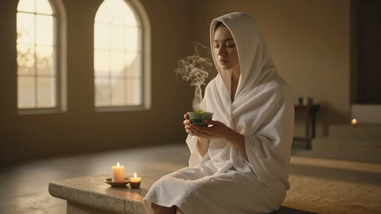 Someone wrapped in a white towel sipping mint tea after a Moroccan bath.