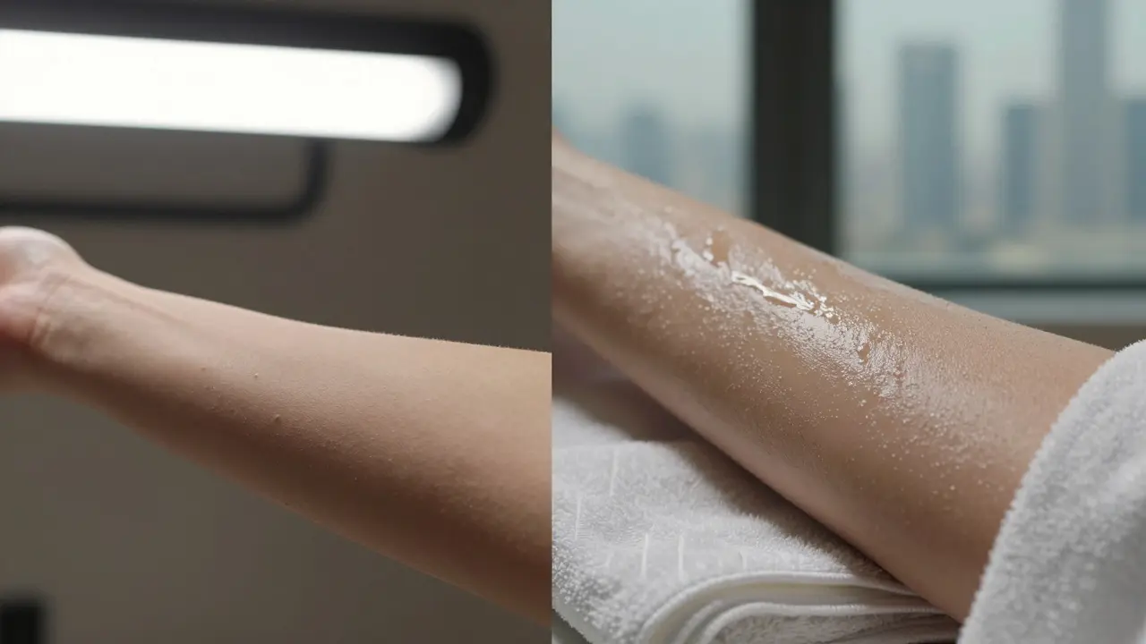 Split image: dry, flaky skin vs. smooth, moisturized skin with towel and window view.