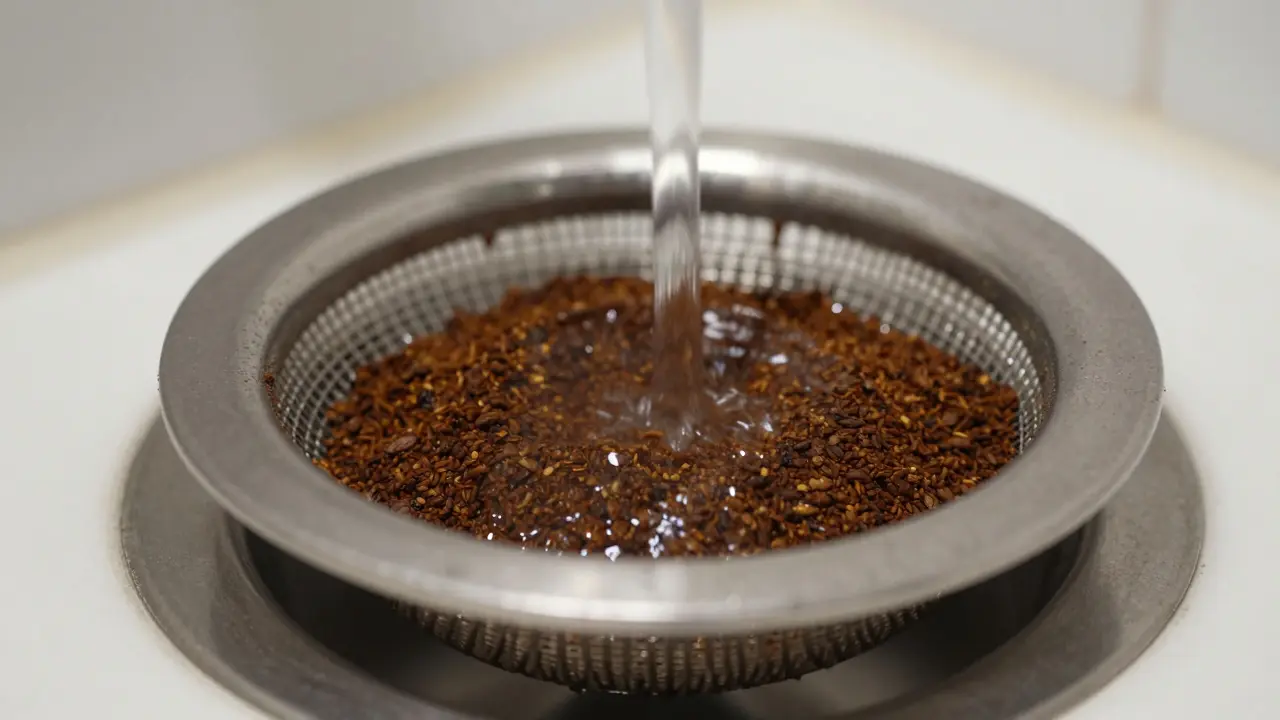 Stainless steel drain strainer with coffee grounds caught in the mesh.