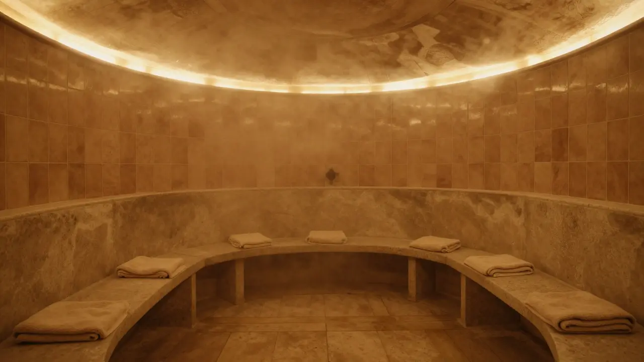Steam room with tiled walls and warm lighting, filled with mist.