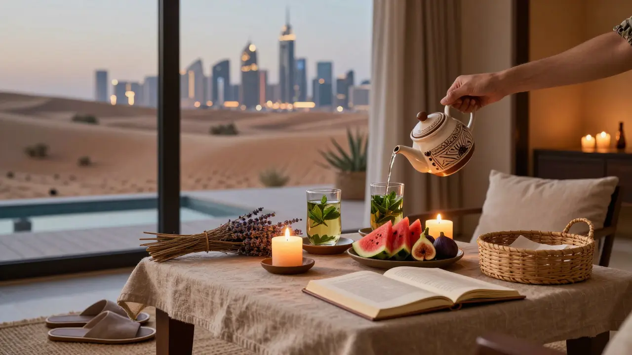 Table with herbal tea, fruit platter, and candles in a luxury spa suite