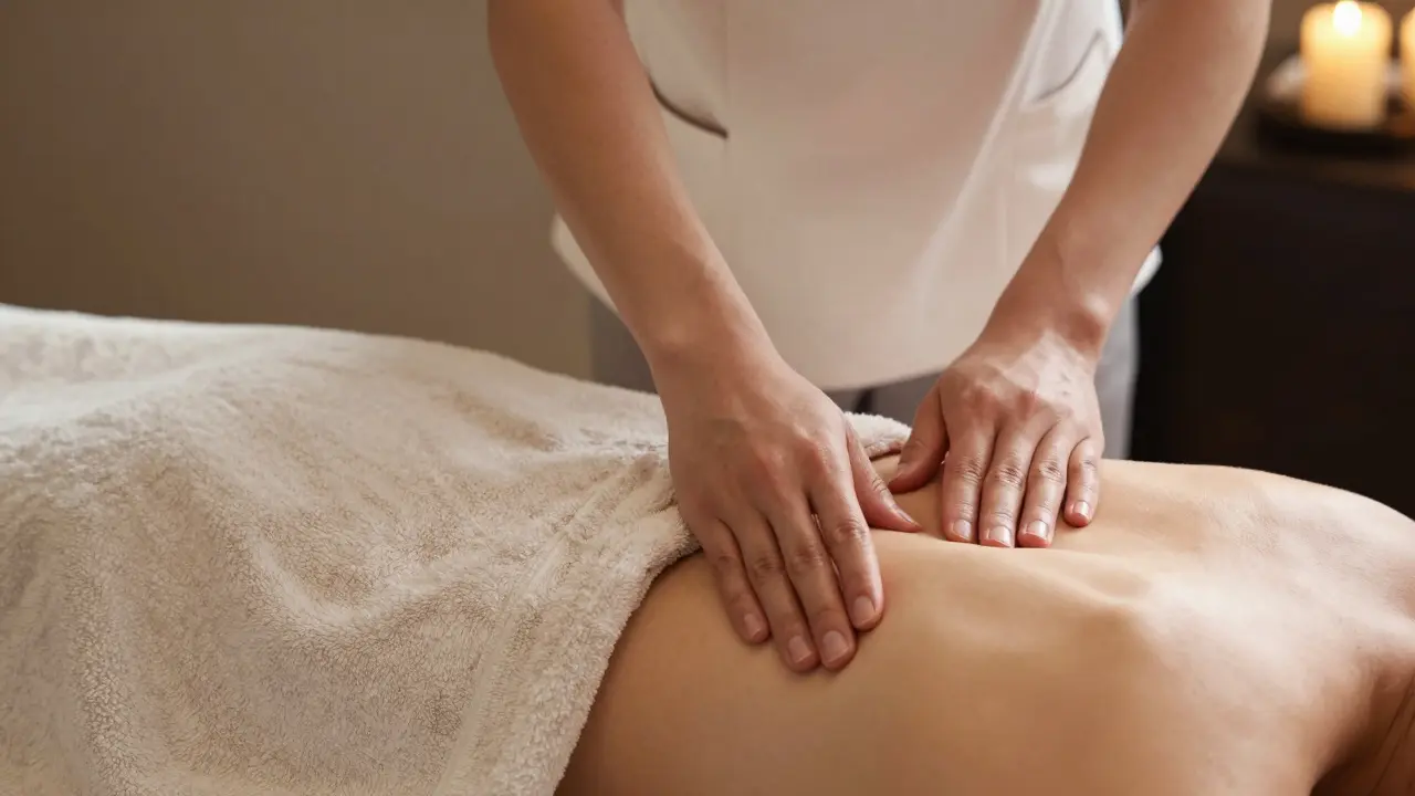 Therapist's hands carefully draping a towel over a client's back during a massage.