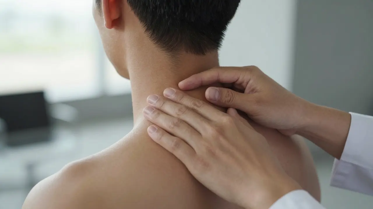 Therapist's hands gently massaging a traveler's neck and shoulders in an airport setting.