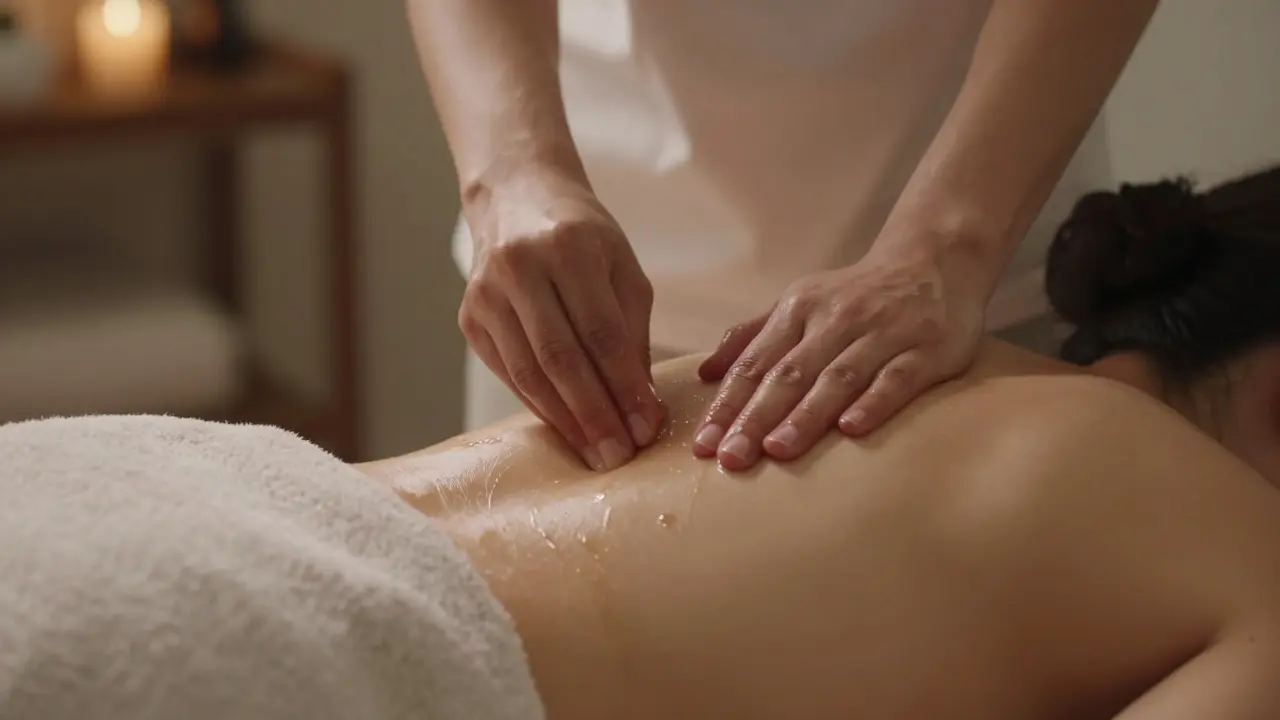 Therapist's hands massaging a client's back, with towel covering the rest of the body.