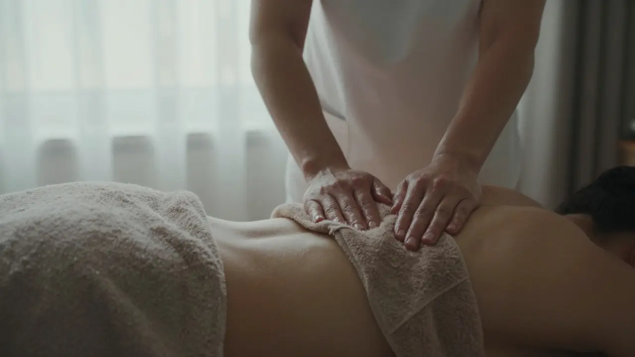 Therapist draping a towel over a client's back during a full body massage with only one area exposed.
