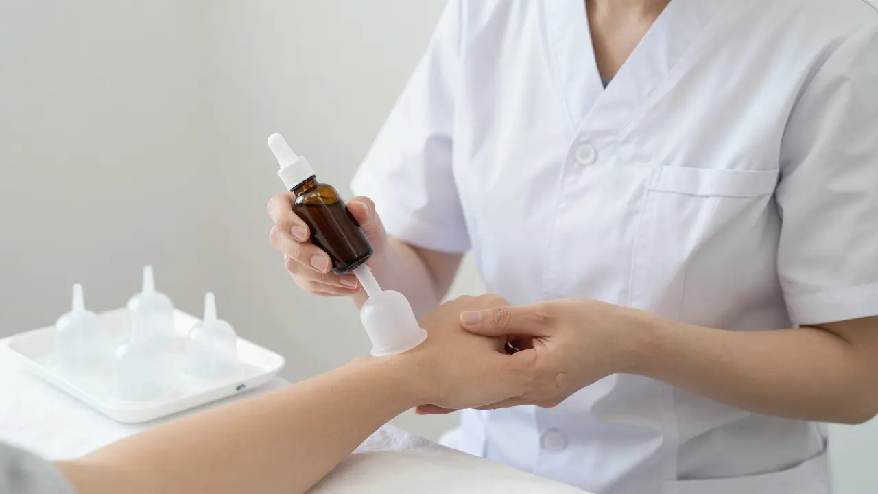 Therapist gently applying a silicone cup with oil, showing proper hygiene technique