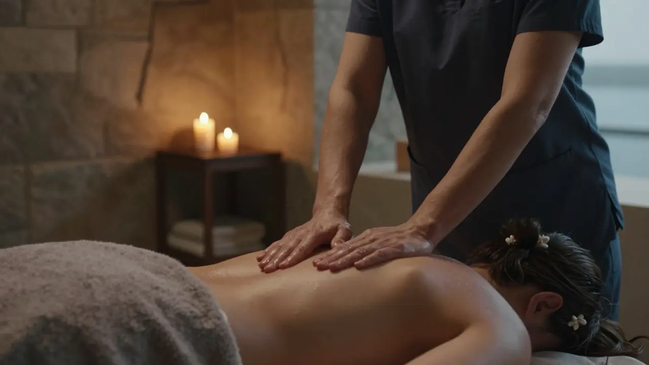 Therapist giving a massage with warm oil in a dim, candlelit room.