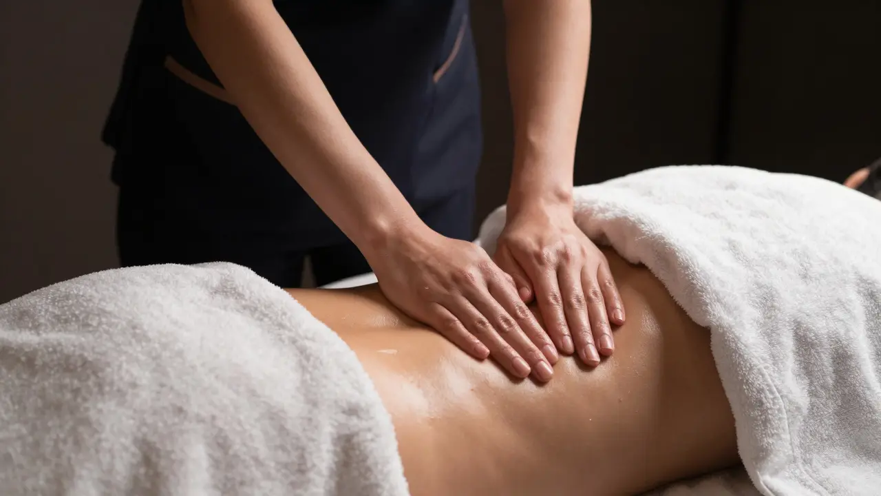 Therapist massaging a client's back with towel coverage and warm oil in a quiet Dubai spa.