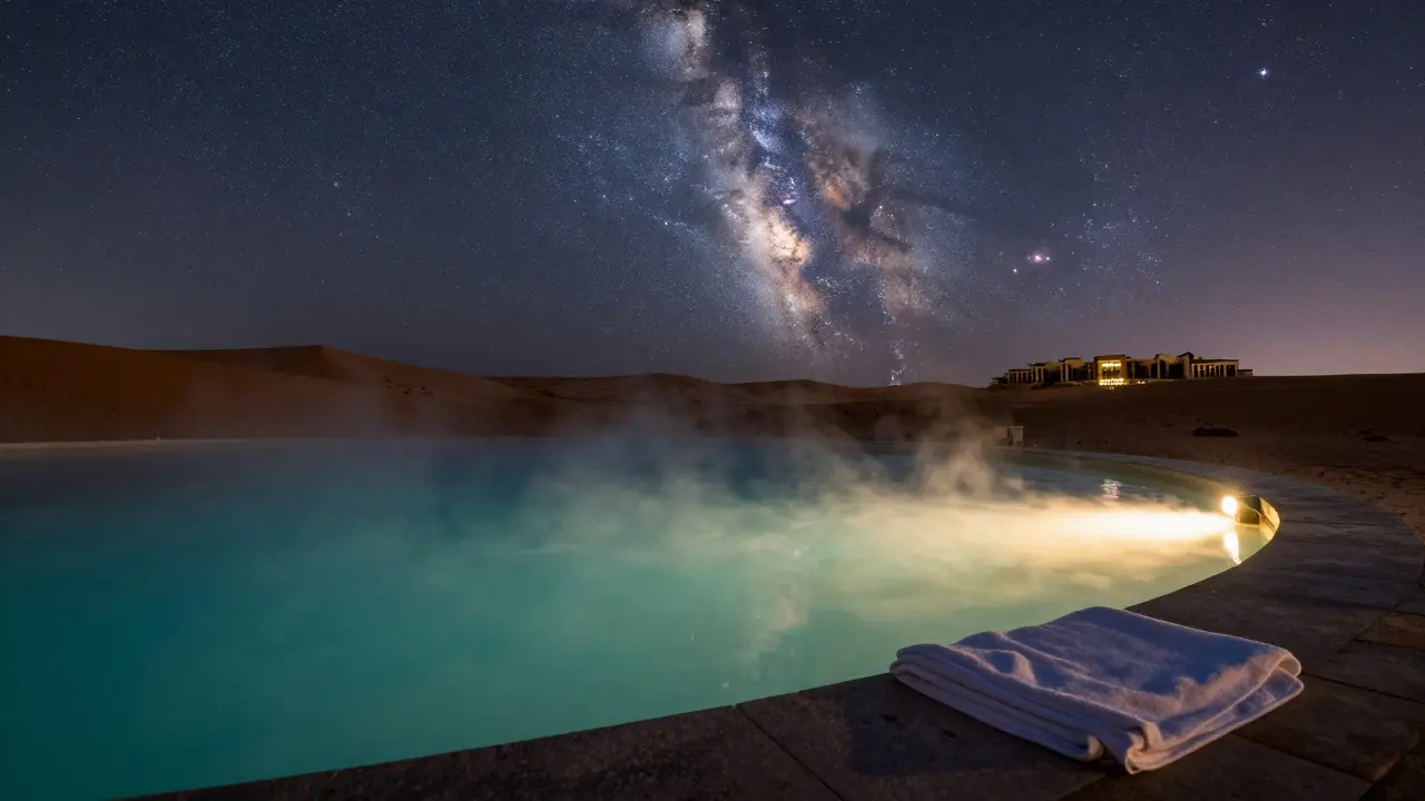 Thermal pool under a starry desert sky in Dubai with dunes and resort silhouettes