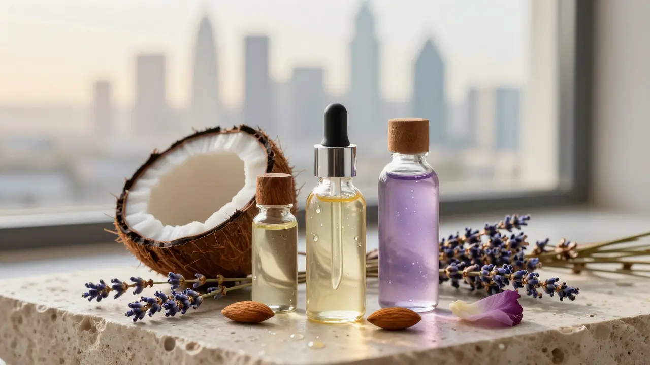 Three glass bottles of organic massage oils—coconut, almond, and lavender—with lavender sprigs and a rose petal.