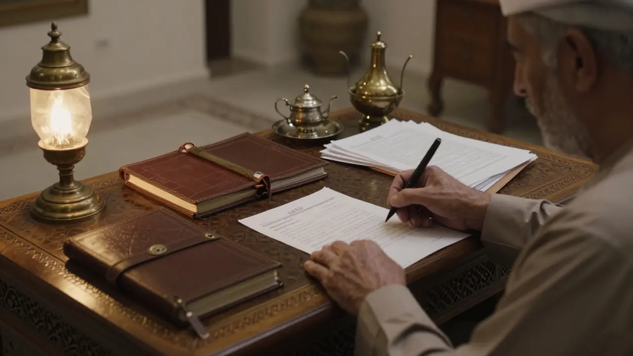 Traditional Emirati family office with wooden desks and documents under warm lamp light.