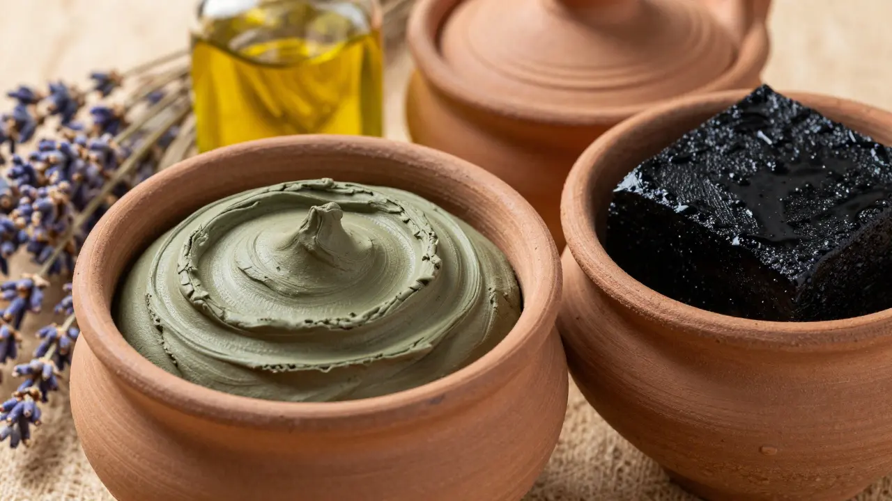 Traditional Moroccan pottery with black soap and green clay mask.