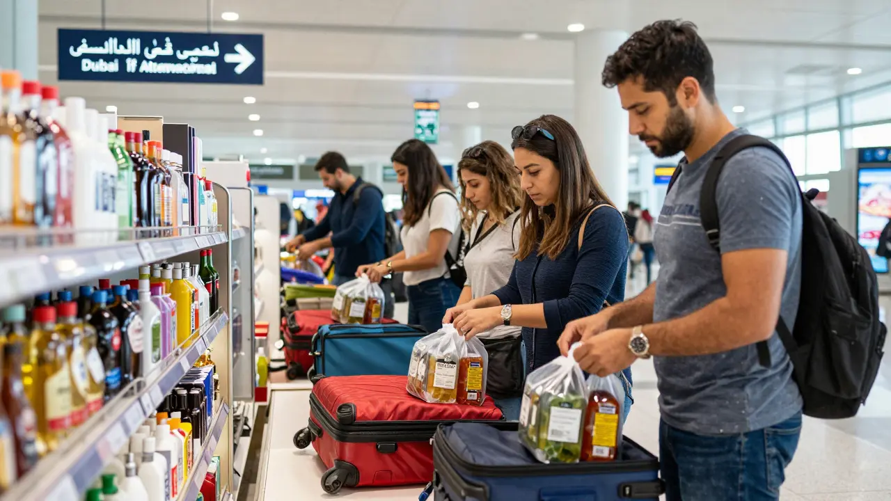 Travelers packing sealed alcohol bags from Dubai Airport duty-free into their luggage.