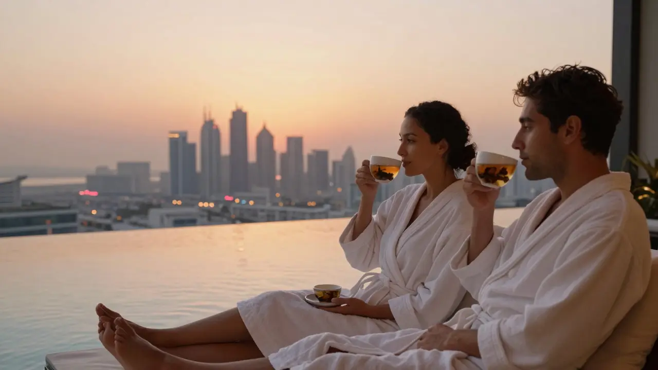 Two people in robes relaxing together, sipping tea as they enjoy a sunset view of Dubai’s skyline from a spa suite.