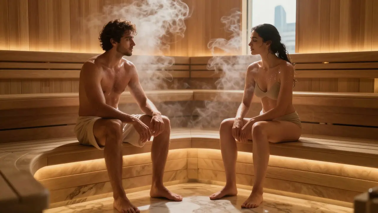 Two people quietly sitting together in a luxury Dubai spa sauna, steam rising softly.