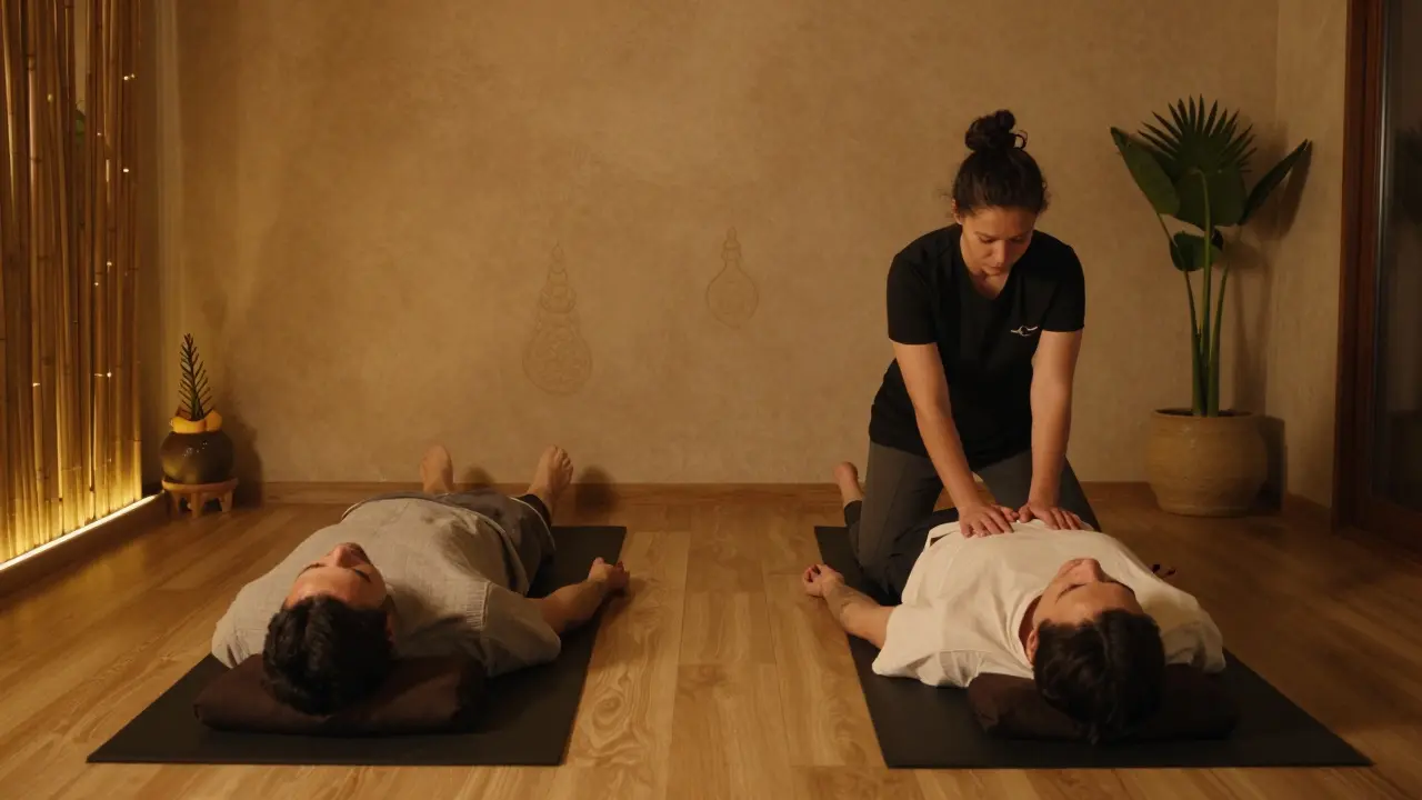 Two people side by side on mats, both receiving Thai massage in a peaceful spa setting.