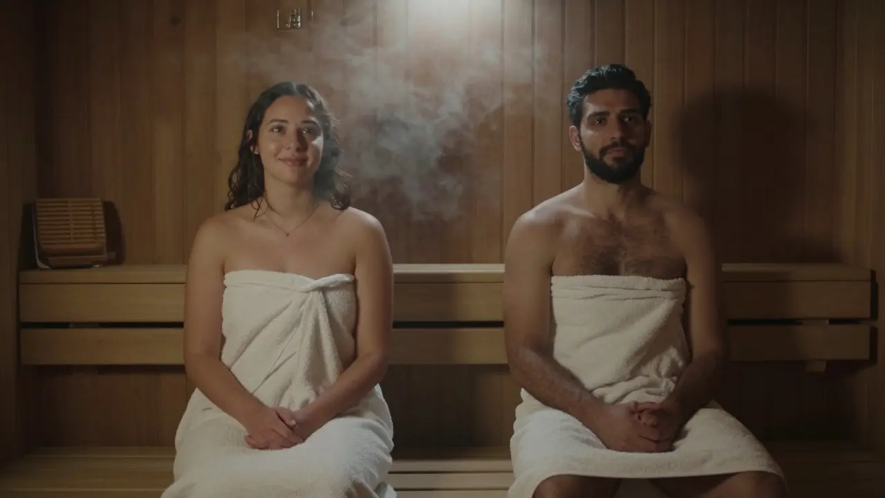 Two people sitting side by side in a sauna, towels on laps, silent and at peace
