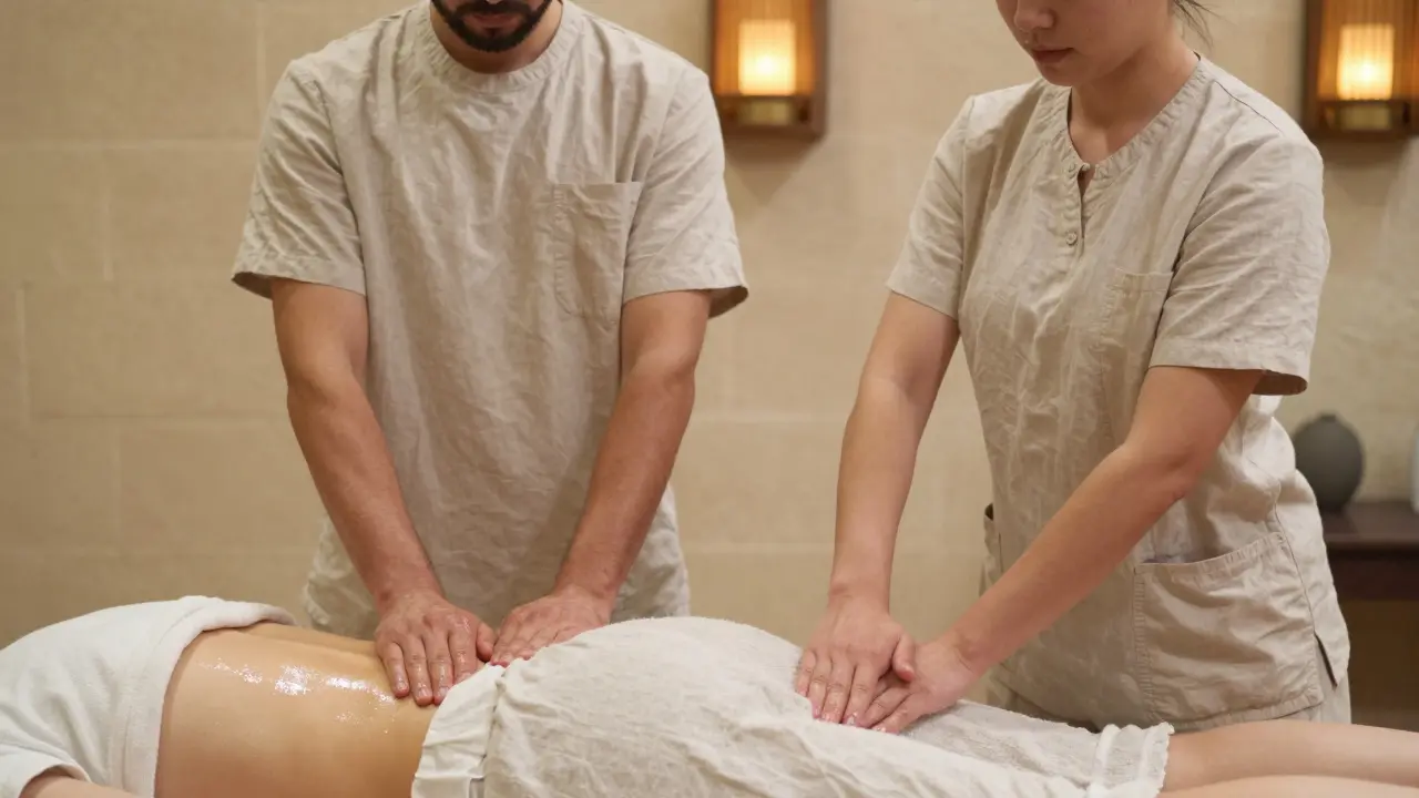 Two therapists synchronously massaging a couple side by side, hands moving in rhythm under soft lighting.
