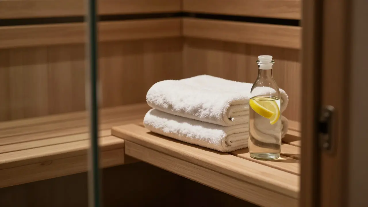 Two towels and a bottle of water on a wooden bench beside a sauna door