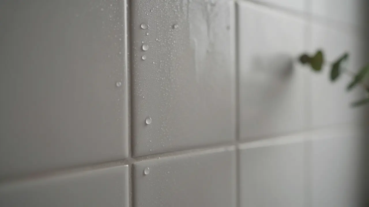 Water droplets sliding down a steamy tiled wall, glistening in soft light.