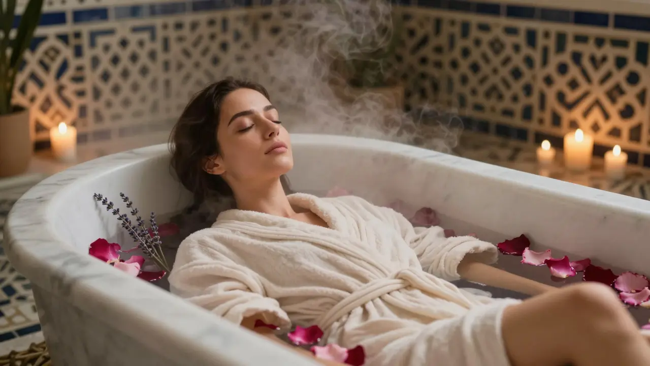 Woman relaxing in a rose petal-filled bath with soft steam rising.