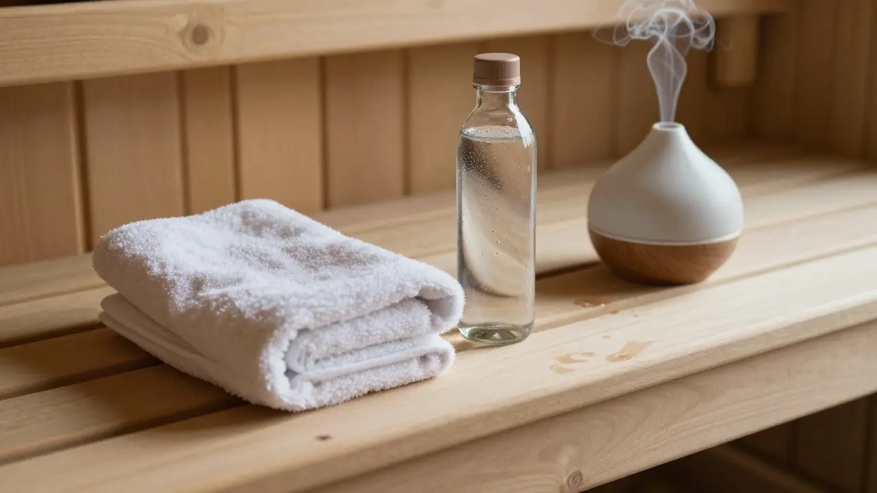 Wooden sauna bench with towel, water bottle, and lavender diffuser, natural lighting.