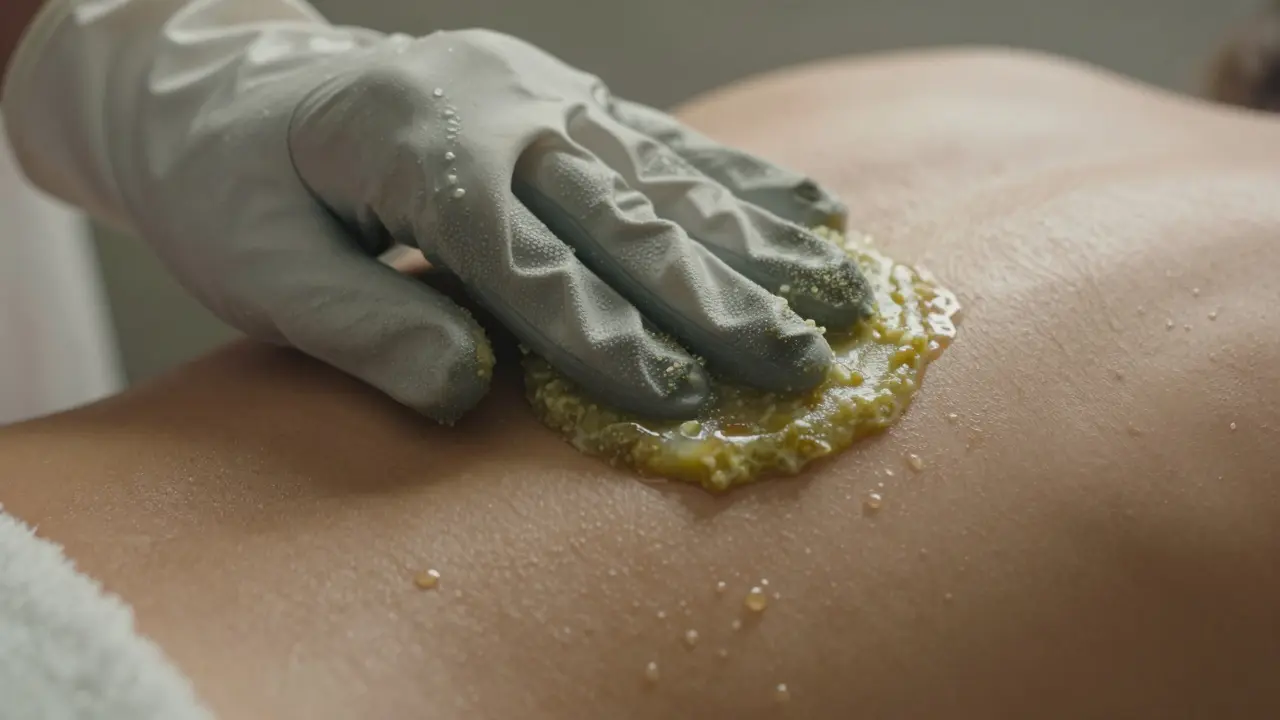A close-up of a kese glove exfoliating a back with olive soap lather.