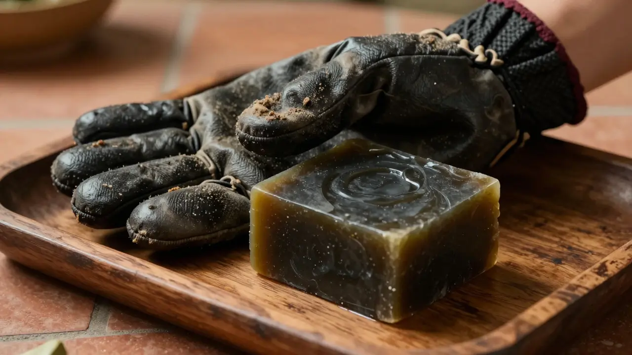 A close-up of a kessa glove and black soap on a wooden tray, natural textures visible.
