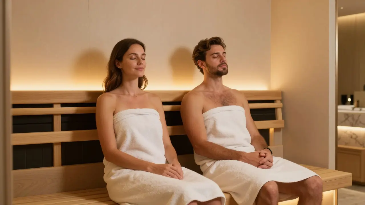 A couple relaxing side by side in an infrared sauna, calm and towel-covered.