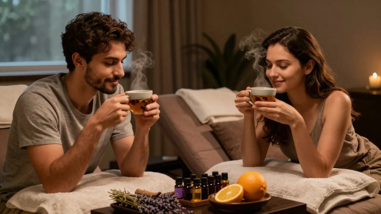 A couple sipping herbal tea together after a massage, smiling softly in a calm spa lounge.
