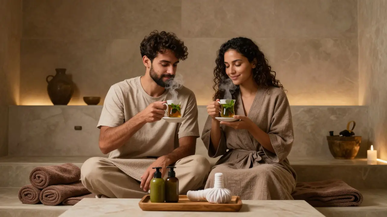 A couple sipping mint tea after a hammam session in a private Dubai suite.