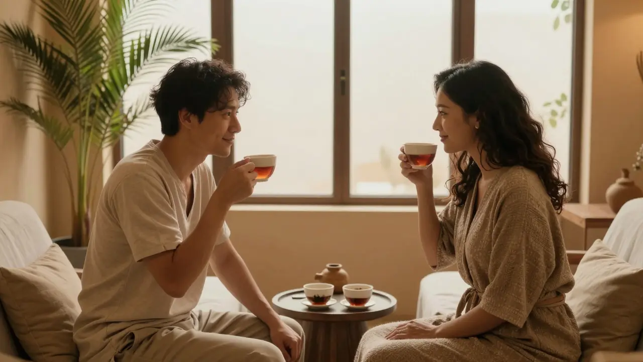 A couple smiling softly while sipping herbal tea together in a quiet lounge after a massage, their hands gently touching in peaceful silence.