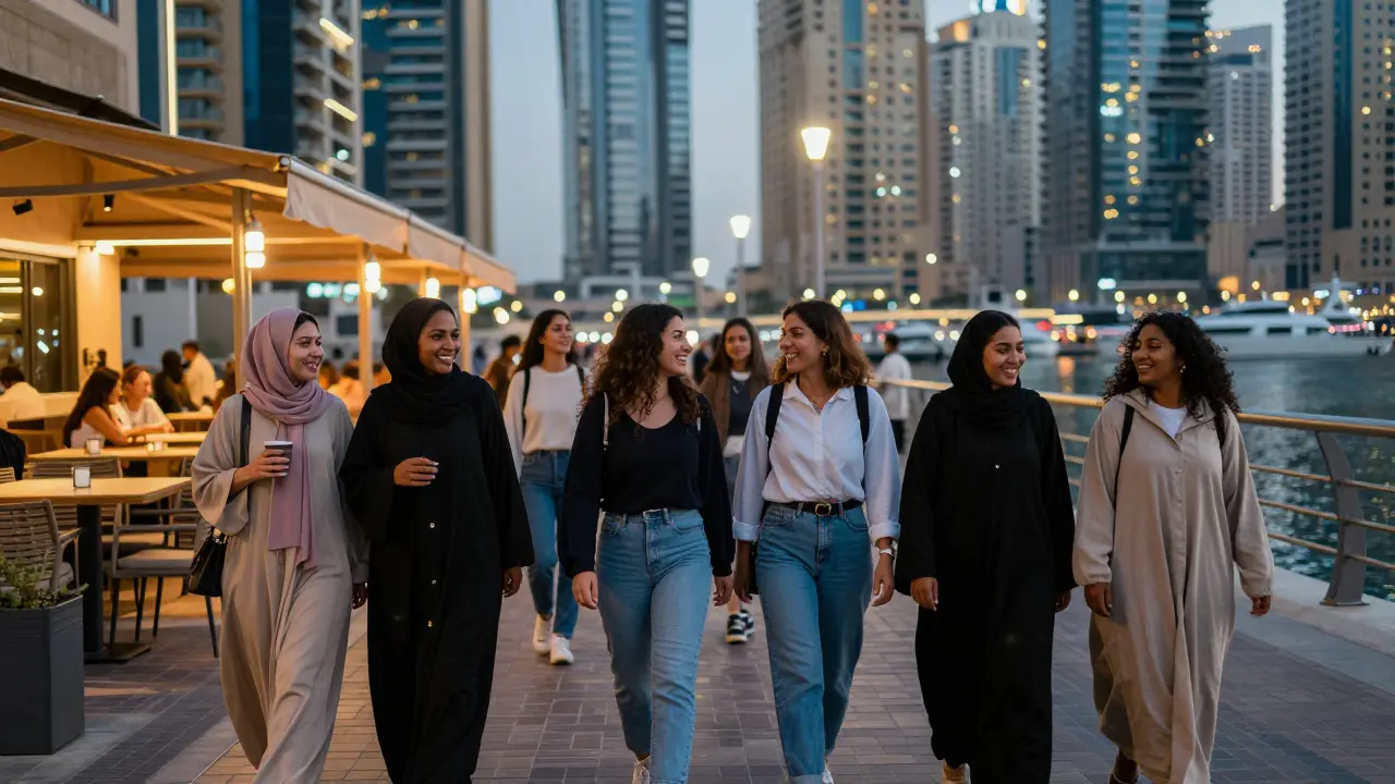 A diverse group of women walking together in Dubai Marina at dusk, laughing near a lit café.