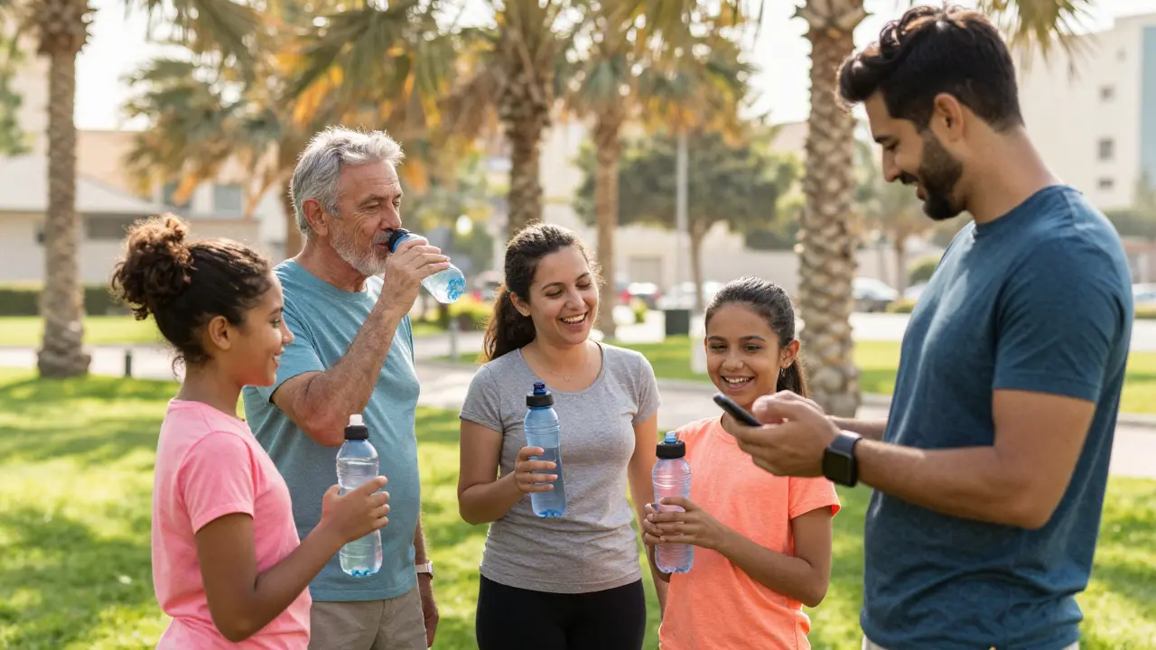 A family sharing water bottles and laughing in a shaded Dubai park.
