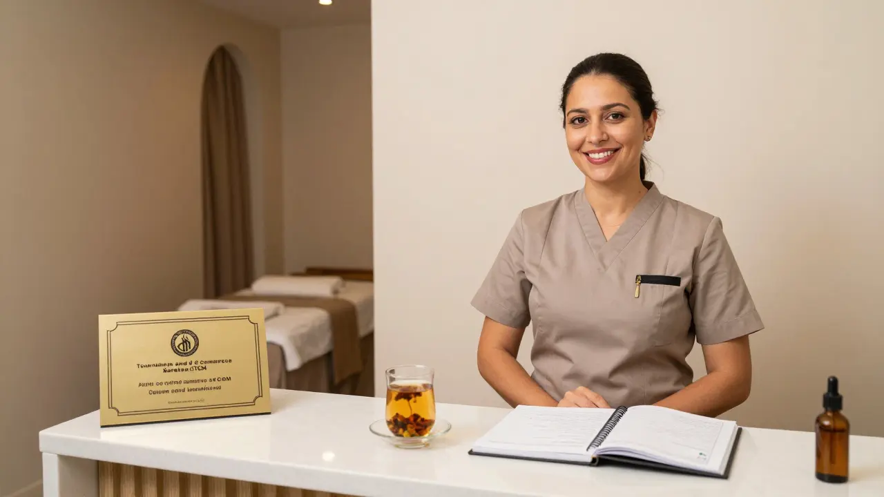 A licensed Dubai spa reception with TCM certification visibly displayed, conveying professionalism and safety.