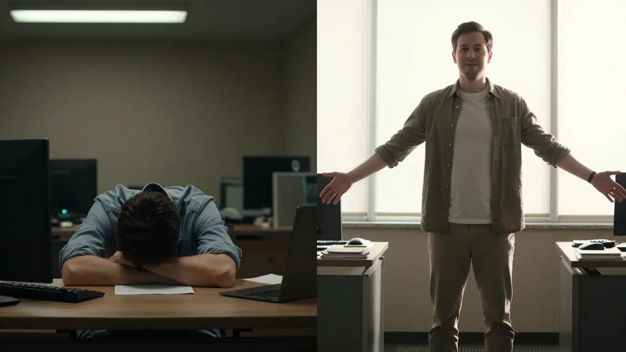 A man before and after massage: slouched at a desk versus standing tall with relaxed posture.