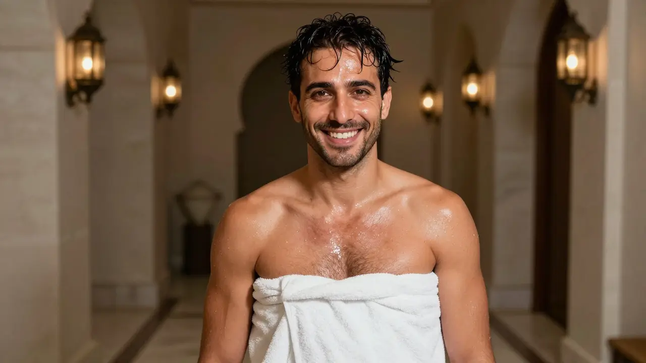 A man smiling with glowing skin after a Moroccan bath, wrapped in a towel.