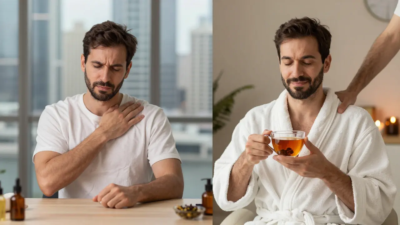 A man transitioning from stress at work to deep relaxation after a professional massage in Dubai.