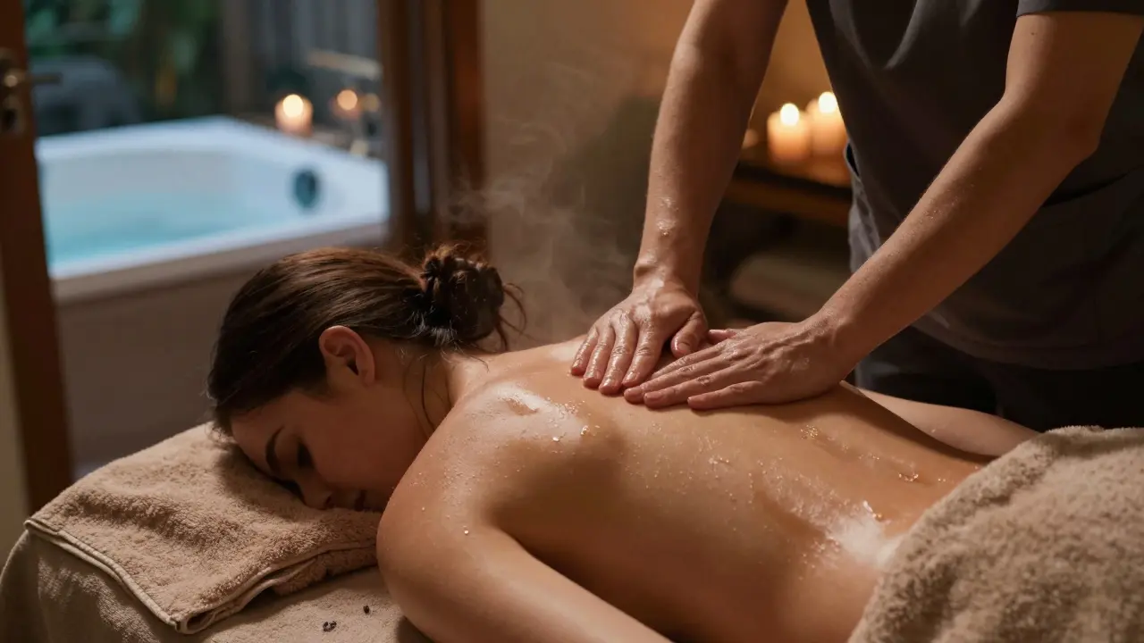A massage therapist applying pressure to a client's back with warm towels nearby in a calm, dimly lit room.