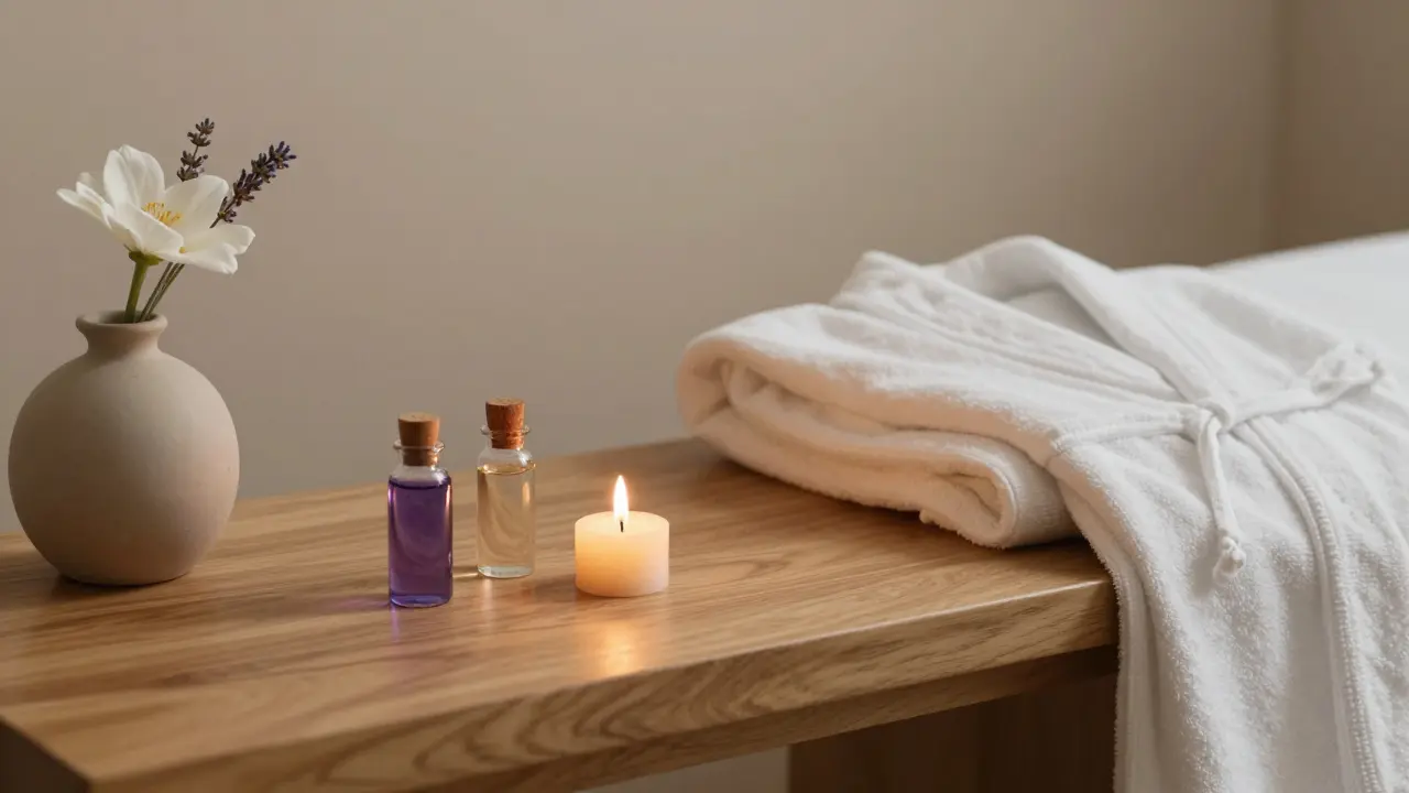 A peaceful spa treatment room in Dubai with essential oils, candles, and a folded robe under soft lighting.