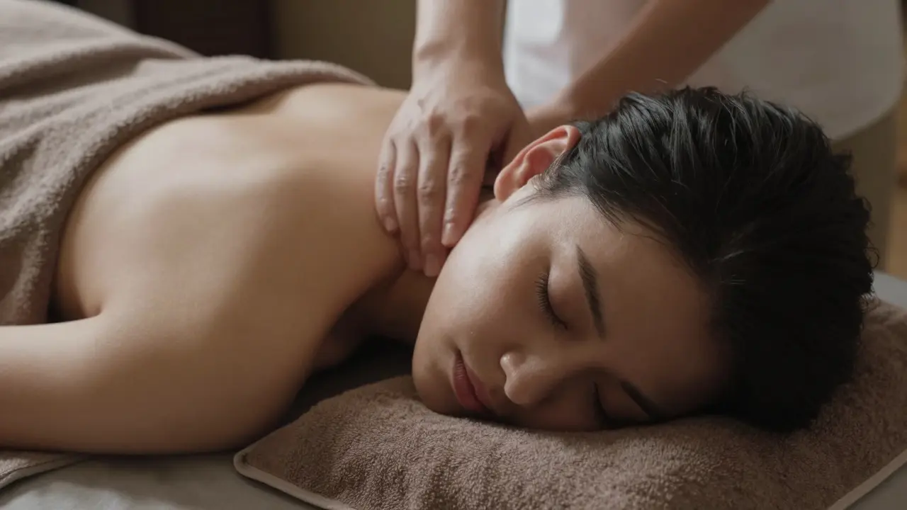 A person asleep during a massage, face relaxed, one arm resting loosely, softly lit and peacefully still.