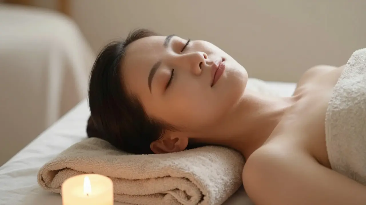 A person lying peacefully after a massage, eyes closed, wrapped in a towel, radiating calm.