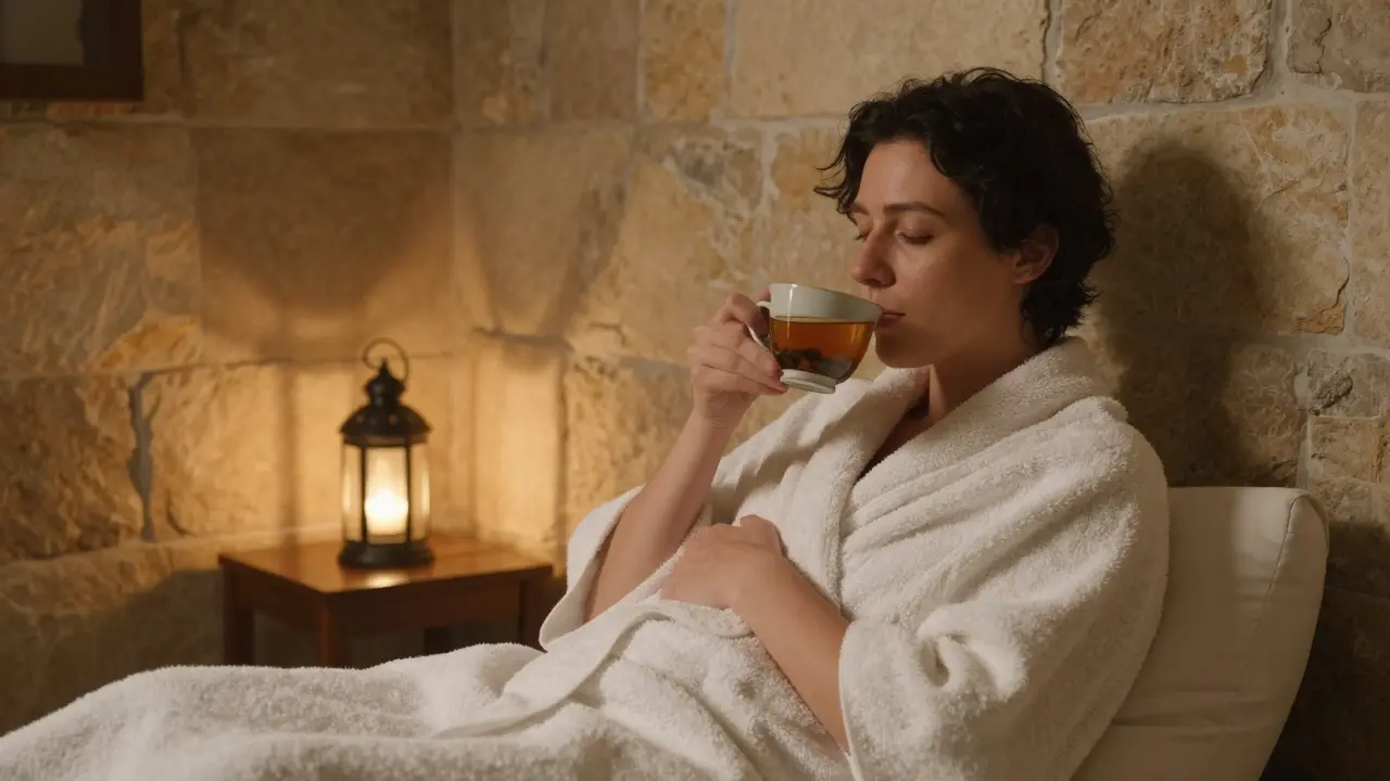A person relaxes in a cool room after a Turkish bath, sipping herbal tea wrapped in a towel.
