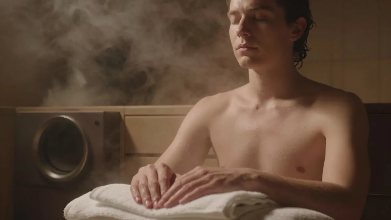 A person sitting peacefully in a steam room with eyes closed and a towel on their lap.
