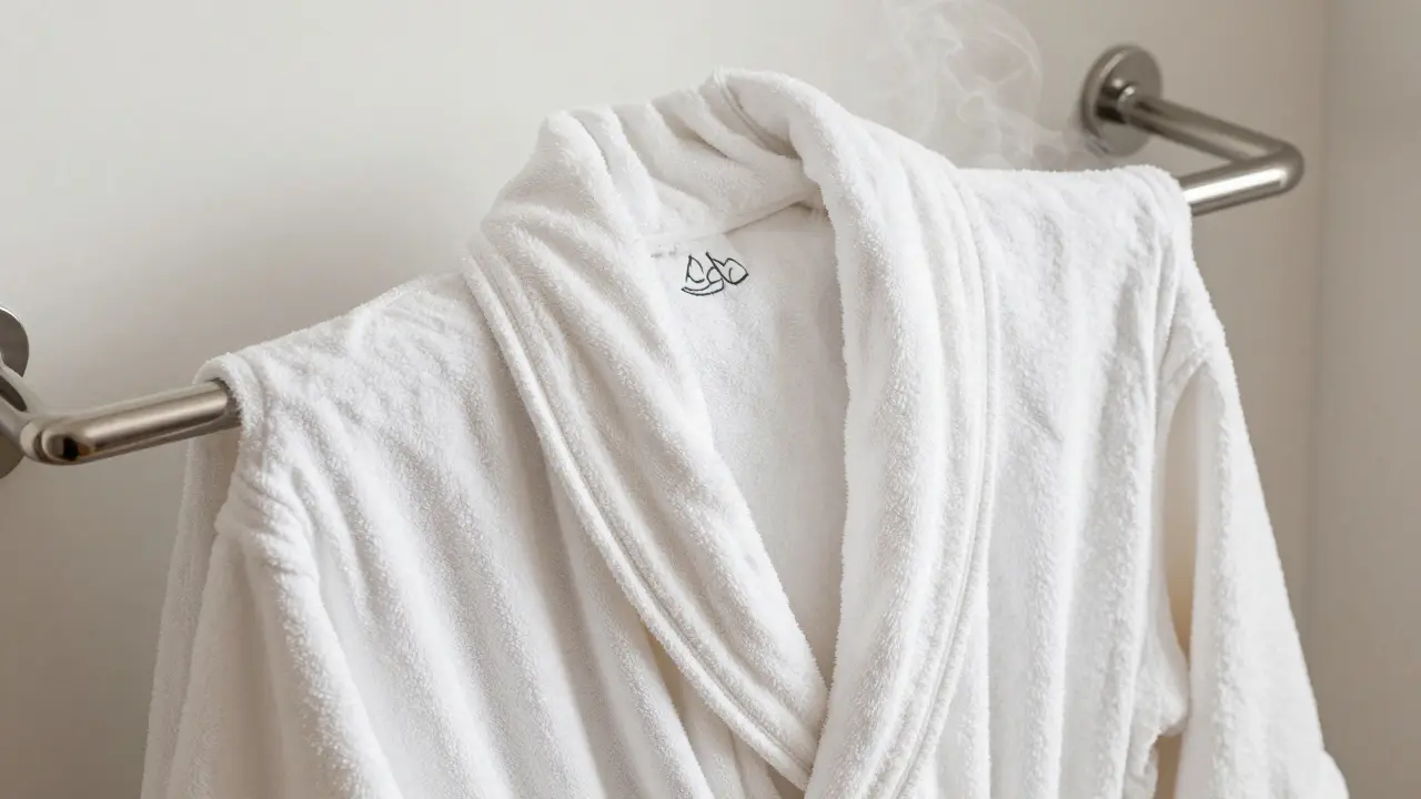 A plush spa robe laid out on a heated towel rack with steam rising gently.