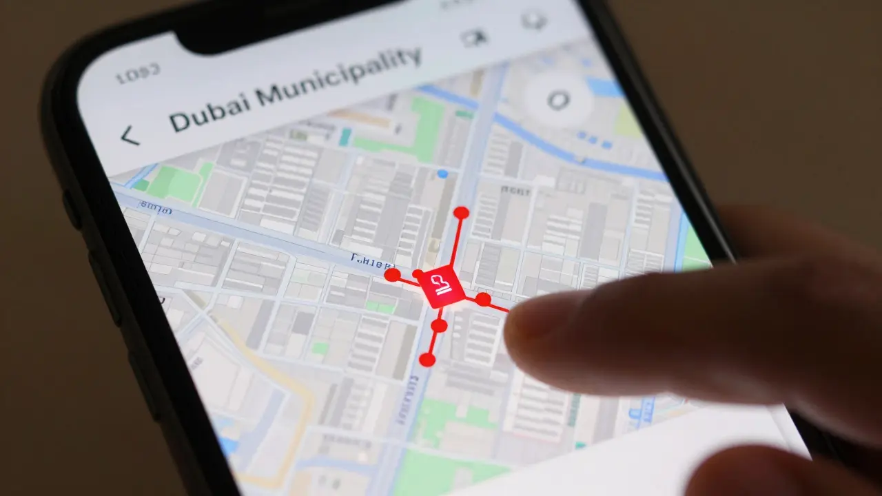 A smartphone screen showing a map of designated smoking areas in Dubai.