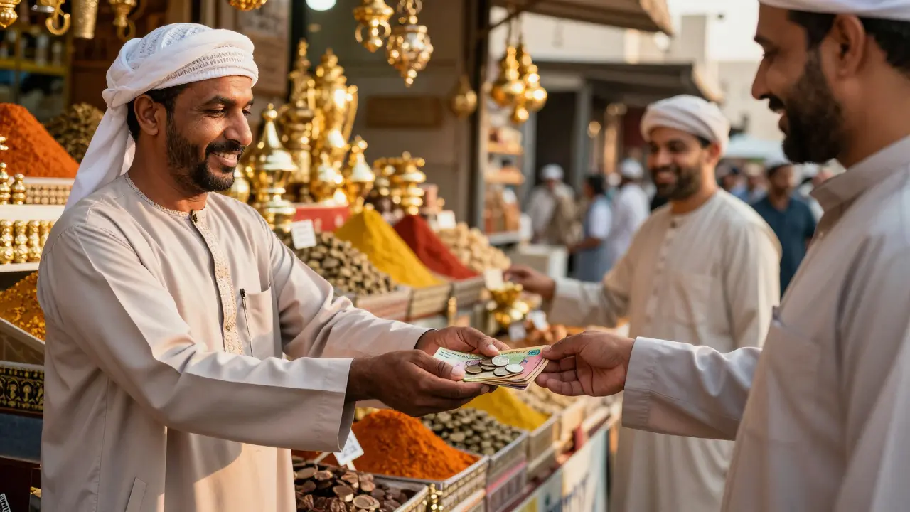 A street vendor in Dubai accepting 50 AED coins from a tourist in a bustling market.