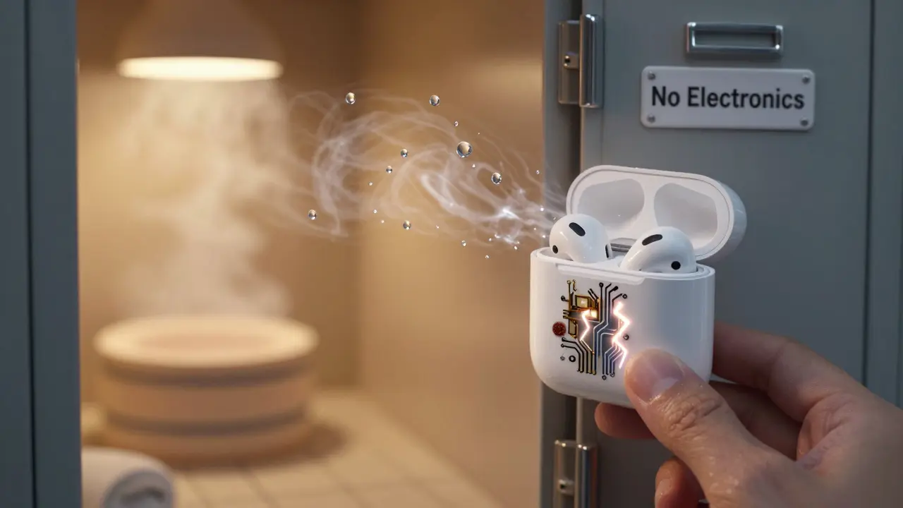 A surreal image of water droplets and corrosion inside an AirPod, with hands placing it in a locker.