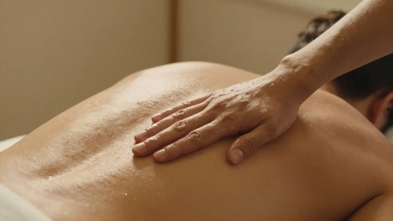 A therapist's forearm gliding over a draped back with oil glistening in gentle light.